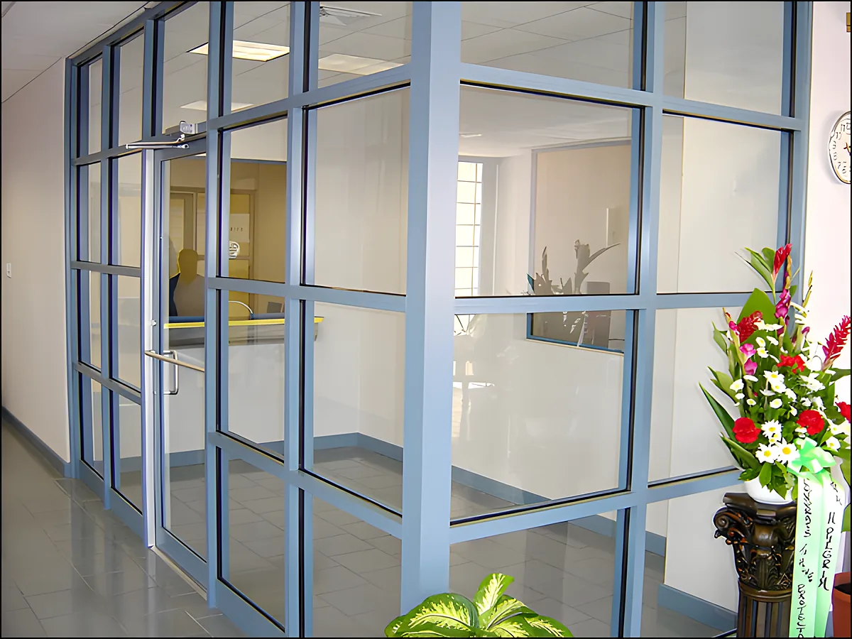 Office vestibule with aluminum framed glass doors and partitions