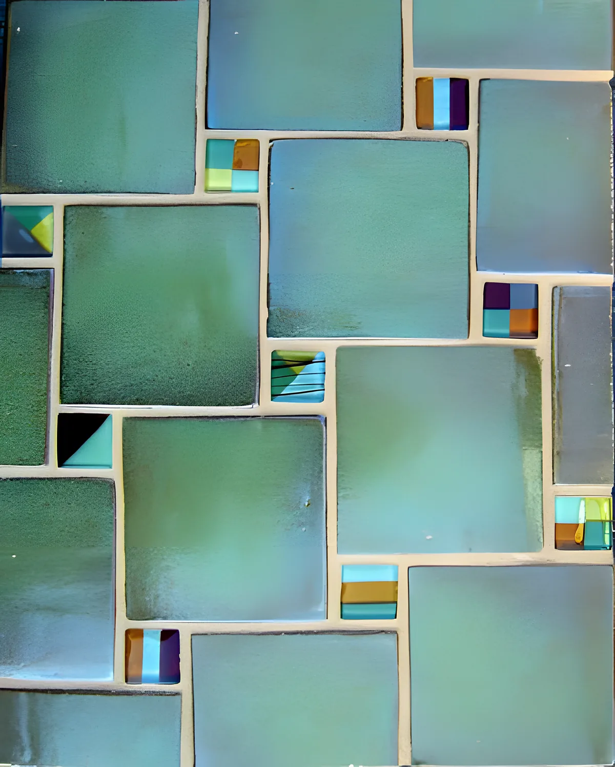 Mosaic of fused glass tiles in sea green and blue